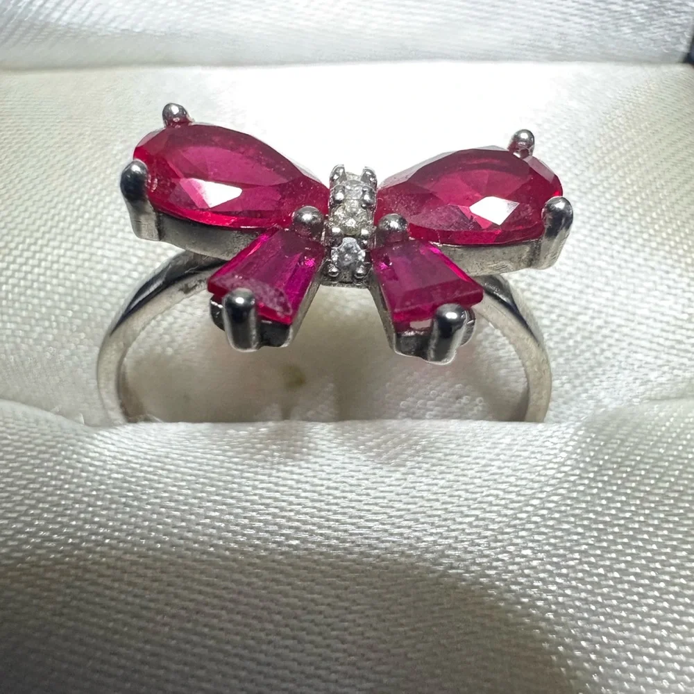 Red Ribbon Bow Ring Sterling Silver Ruby & Pave CZs - Picture 4 of 7